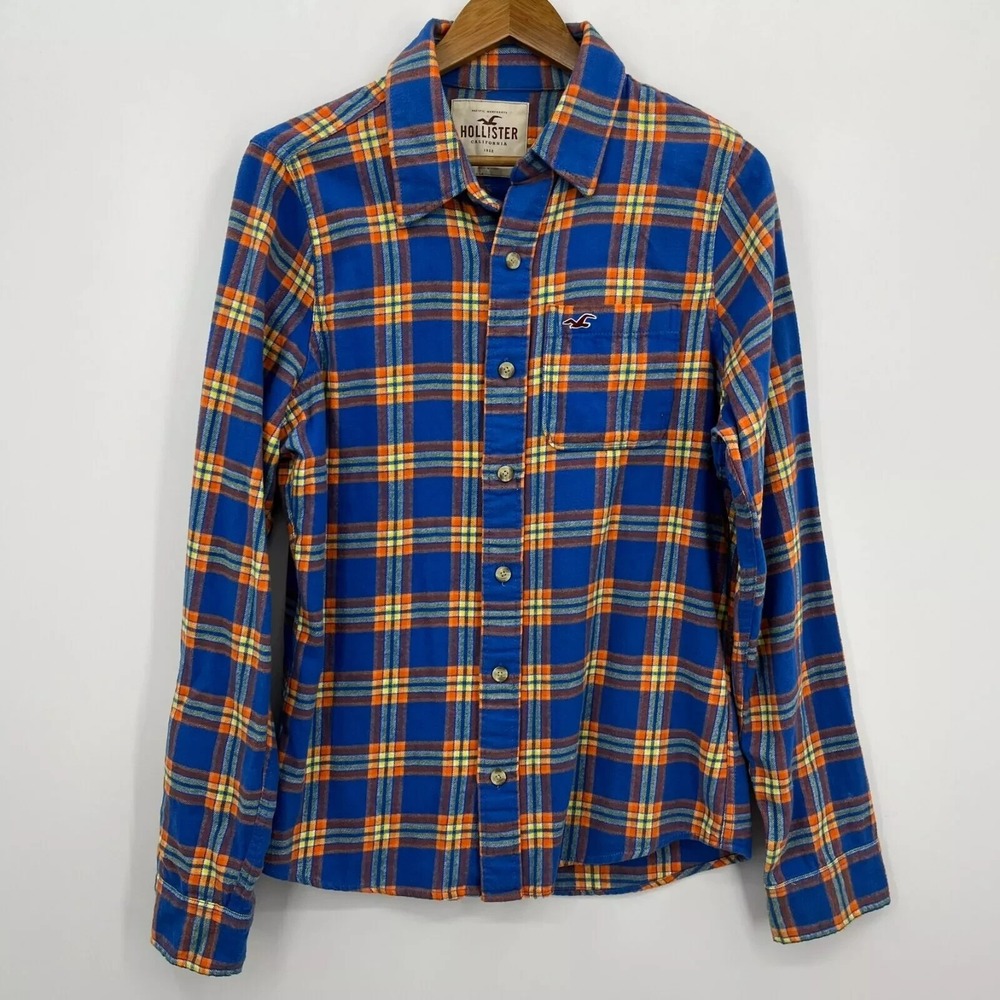 Hollister Mens Blue Orange Plaid Flannel Button Down Shirt Size M
